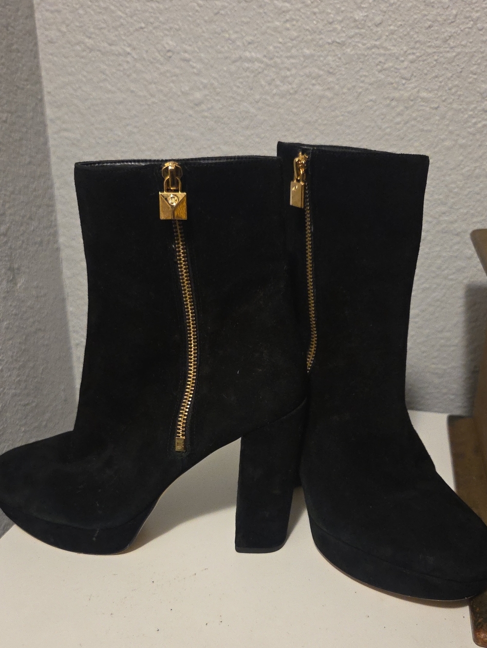 Michael Kors Black Suede Ankle Booties with Gold Zip Detail